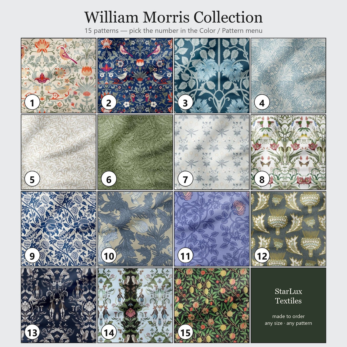 William Morris pattern chart — all 15 designs numbered, matching the Color / Pattern menu
